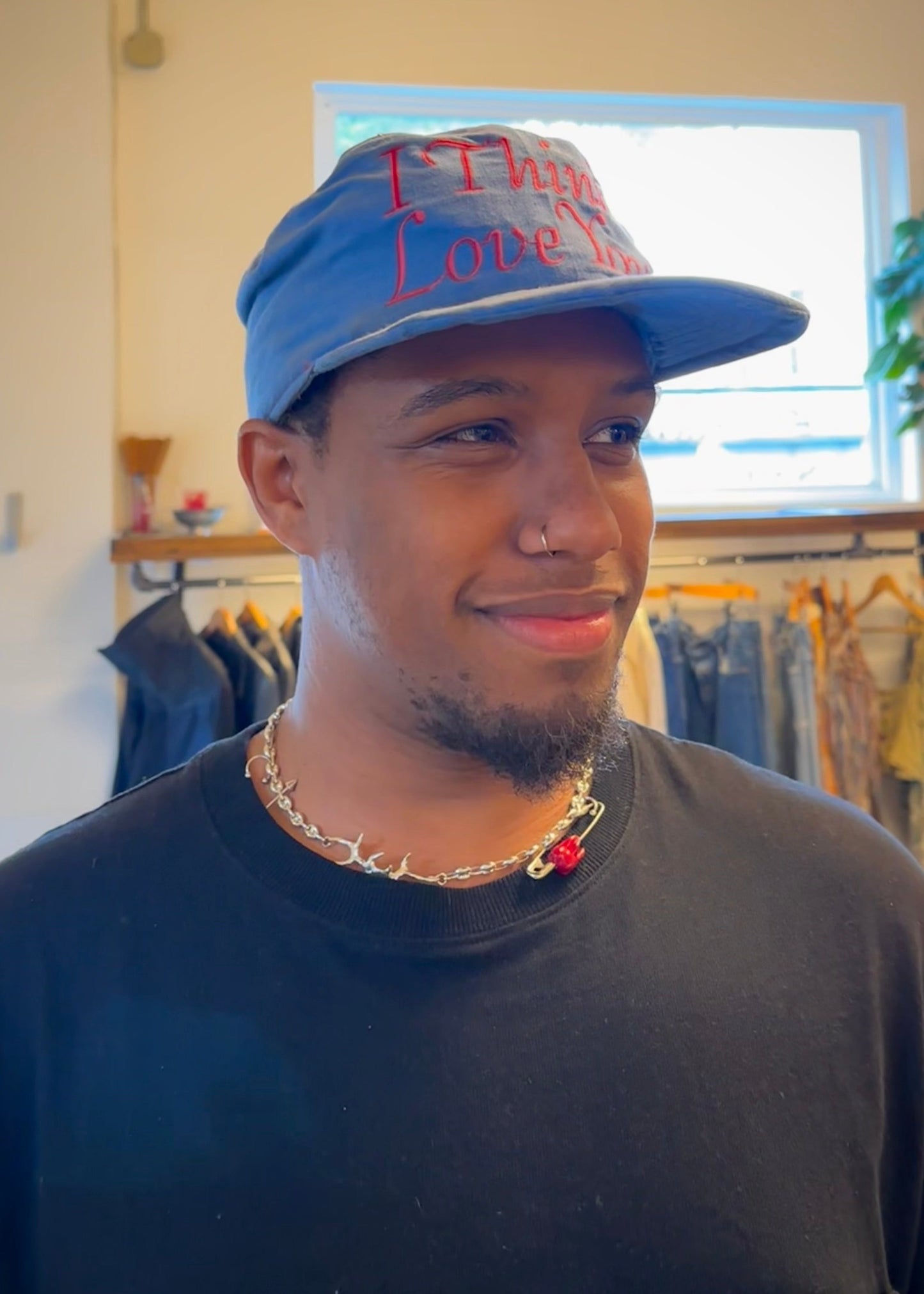 unique men's necklace with red tooth glass charm, amemori