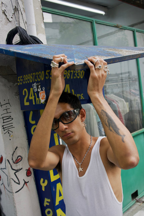 men wearing chunk chic necklace, handmade in mexico city