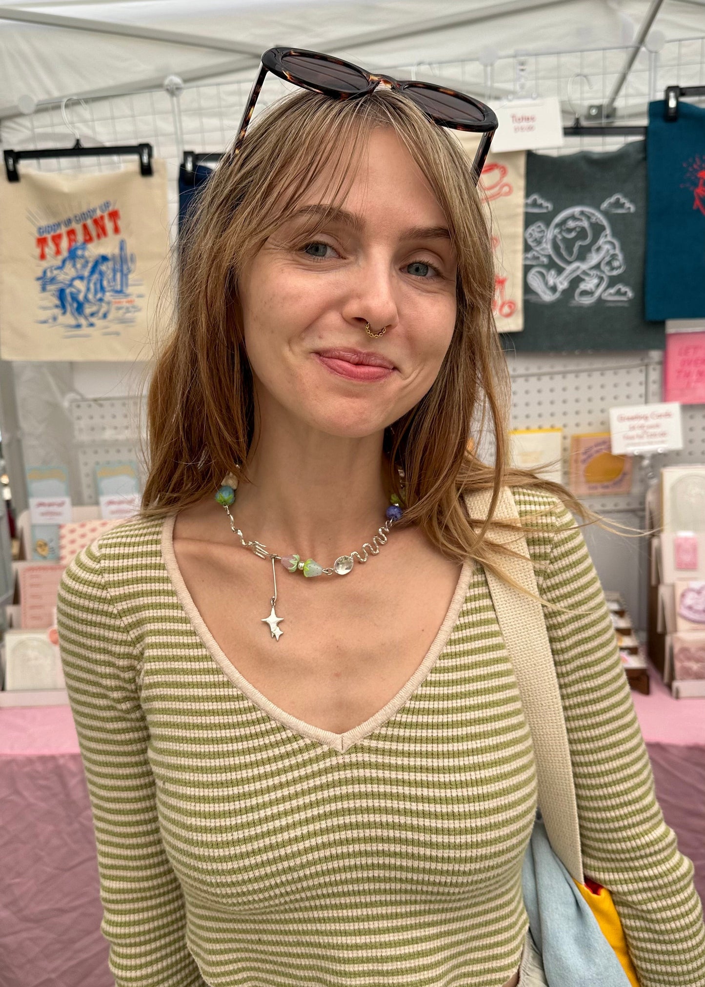 woman wearing unique dinner table necklace at renegade craft fair chicago