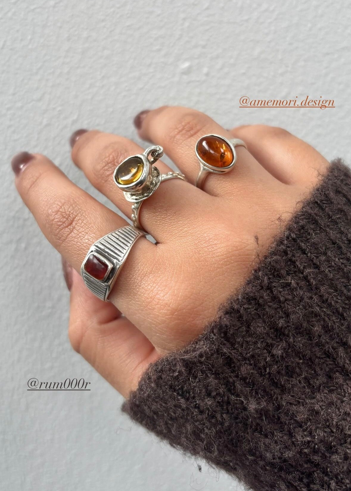 fall style in brown wearing 935 silver tea cup ring in yellow topaz 