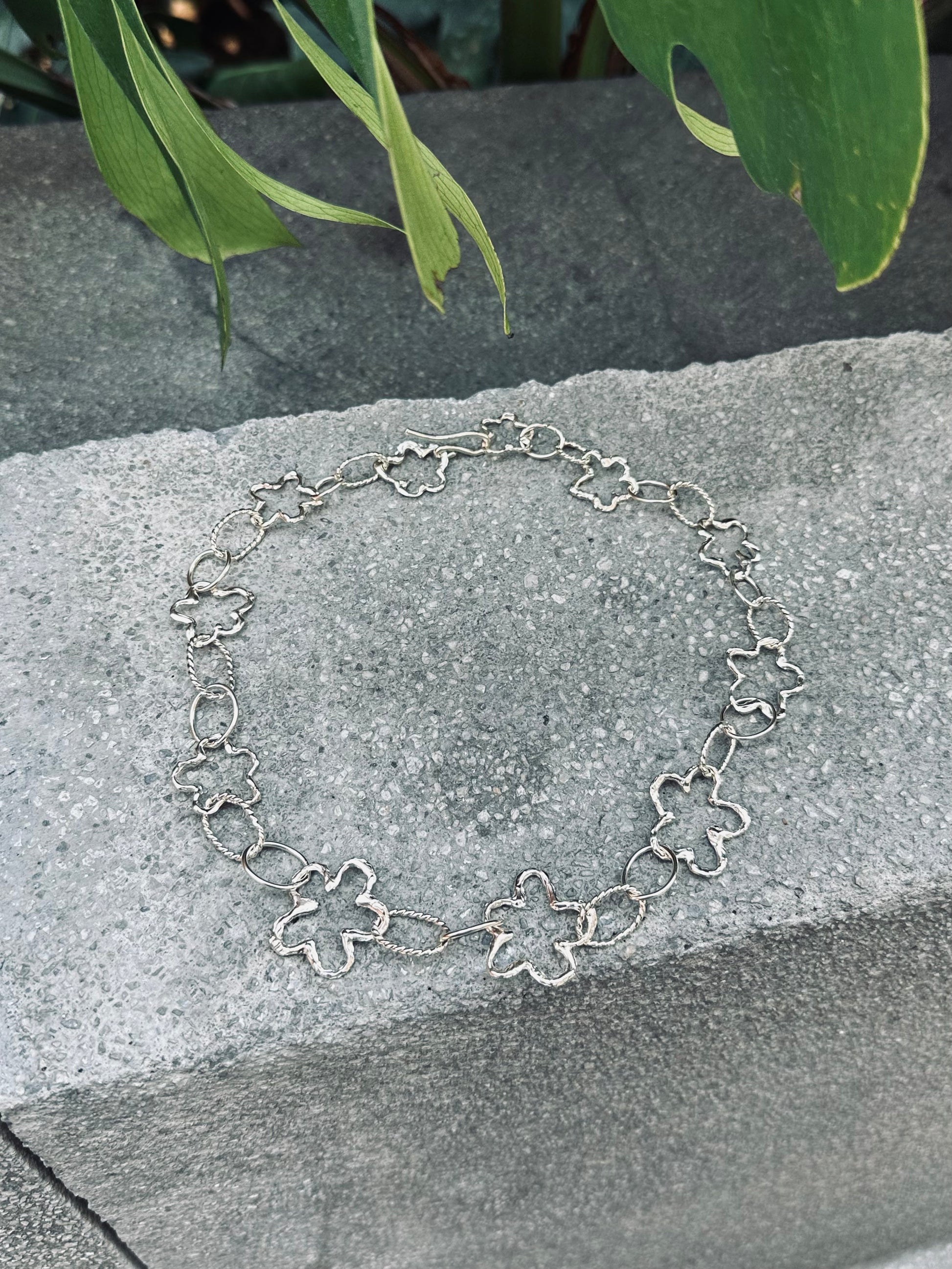 handcrafted sterling silver flower chain, adjustable, amemori